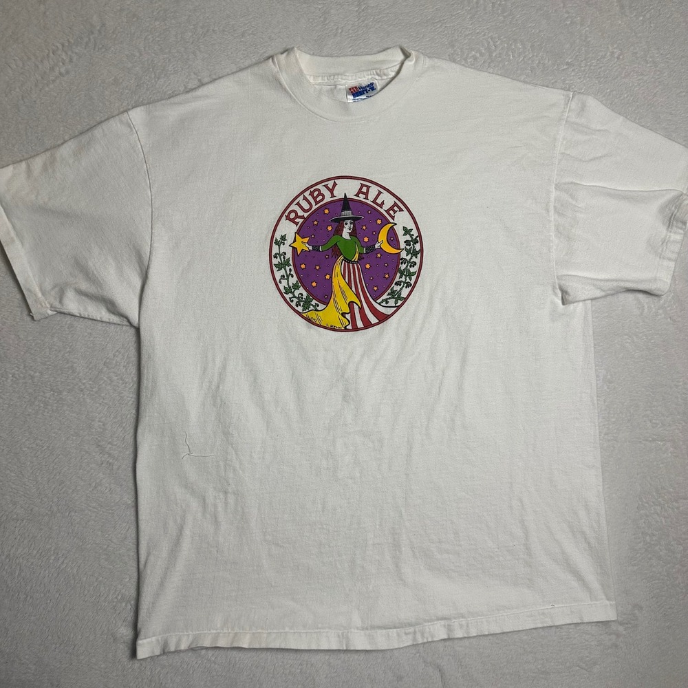 Vintage 1992 Ruby Ale Witch Beer Graphic T-Shirt White Hanes Beefy-T Mens XL